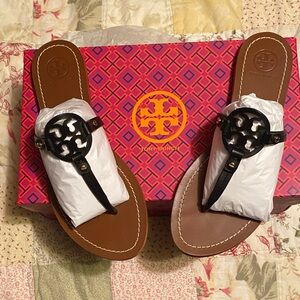 Tory Burch Mini Miller Black and Tan Thong Sandals
